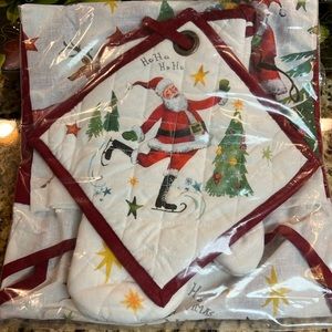 Pottery Barn Jolly Santa Apron, Oven Mitt & Pot Holder - New